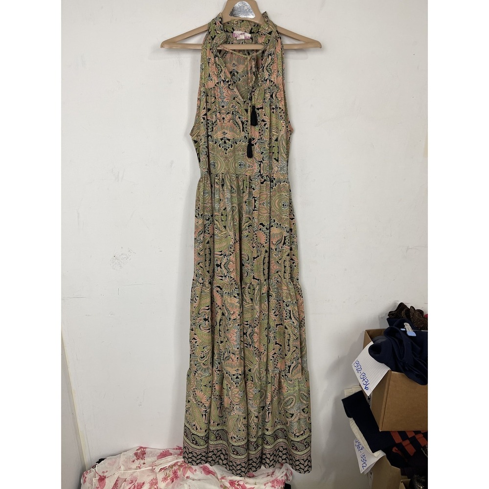 Boemo Womens Dress Small‎ Halter Paisley Floral Tiered Maxi Travel Resort Flowy